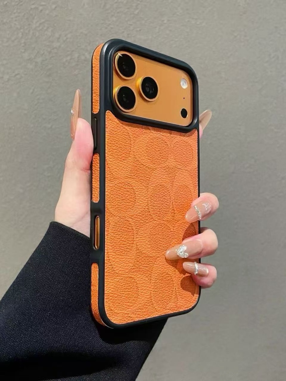 17 pro max Premium Orange Leather-Textured Phone Case for Cell Phones